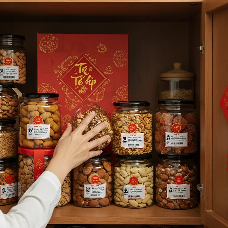 Sản phẩm hữu cơ hấp dẫn trong hộp quà Tết cao cấp, được sắp xếp tinh tế.