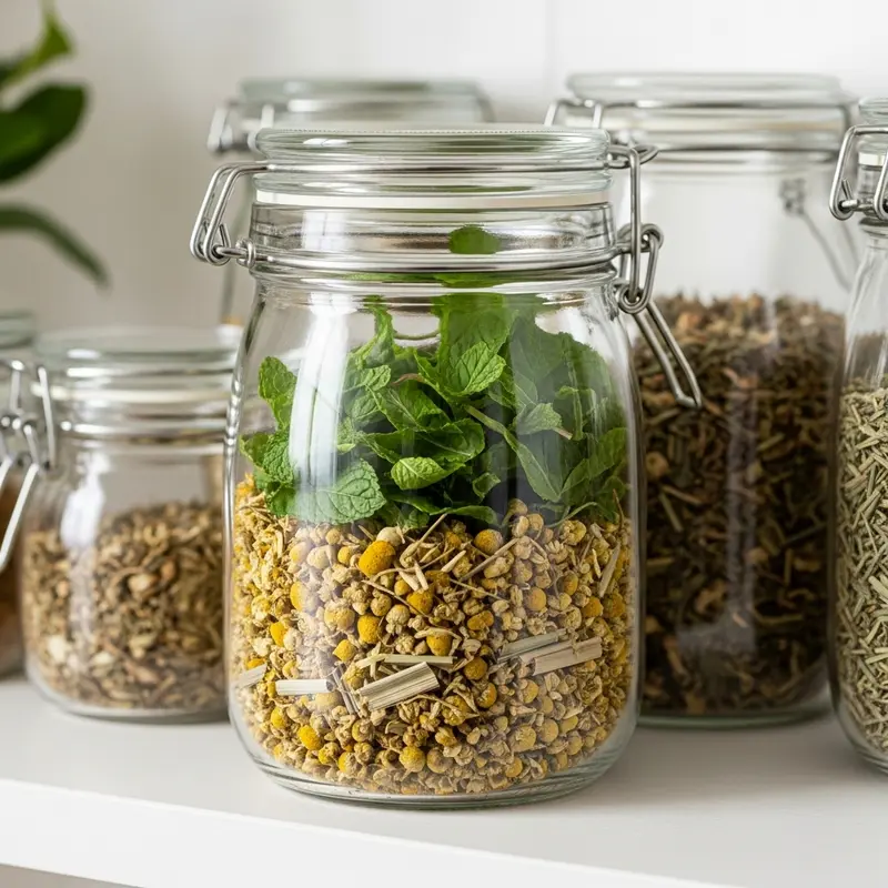 Nhiều loại thảo mộc khô và tươi được bày biện sẵn sàng cho việc pha trà.