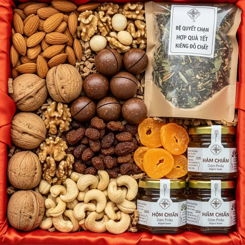 Hộp quà Tết healthy nổi bật giữa bàn tiệc sum vầy.