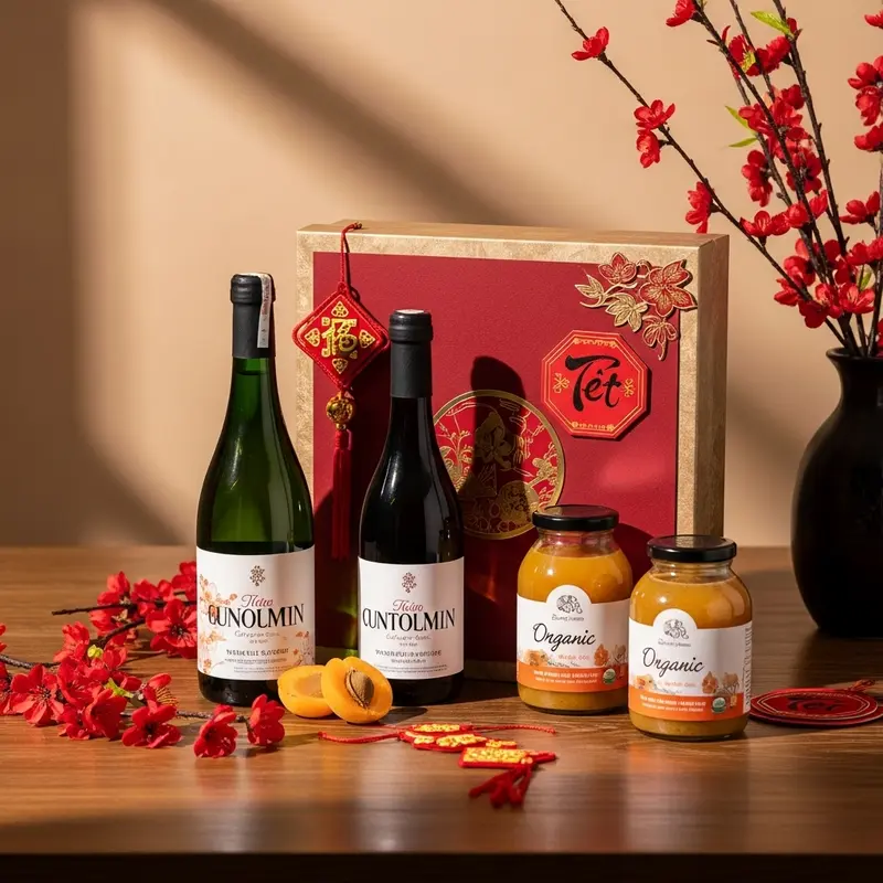 Hộp quà Tết vuông, gồm rượu vang không cồn, nước ép organic và hoa lễ hội truyền thống.