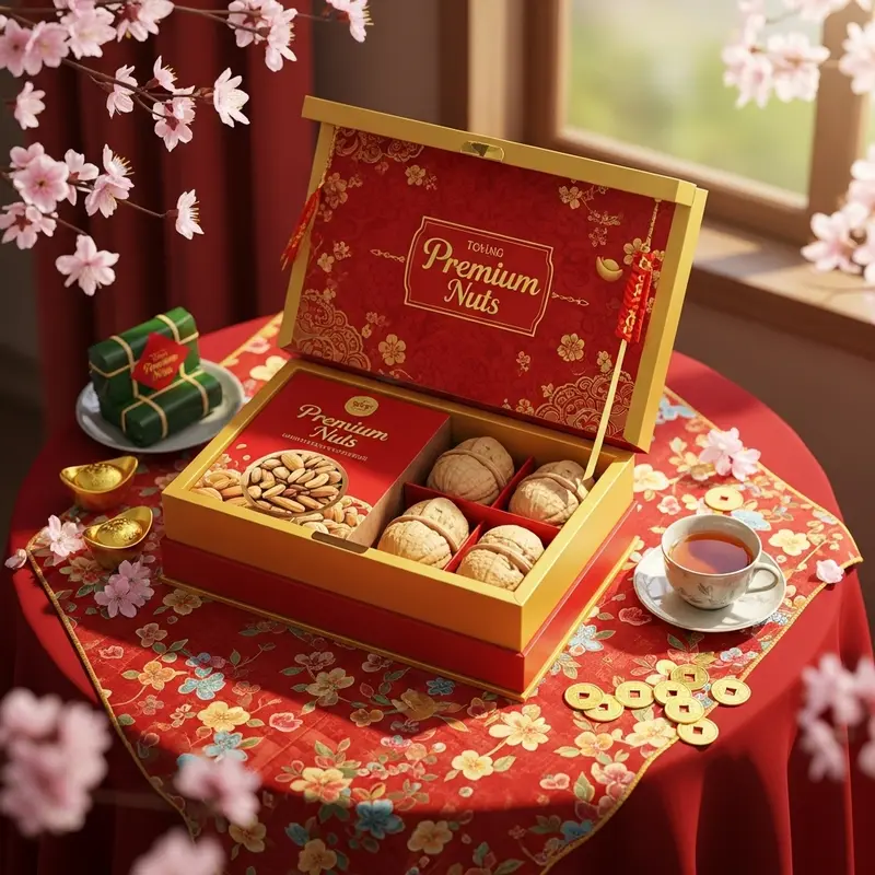 Hộp quà hạt dinh dưỡng mở nắp đặt giữa hoa đào và xu vàng trên khăn đỏ trang trí dịp Tết.