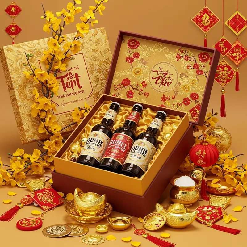 Hộp quà Tết vuông sang trọng mở ra, chứa bia thủ công Việt cùng hoa mai vàng và đồ trang trí.