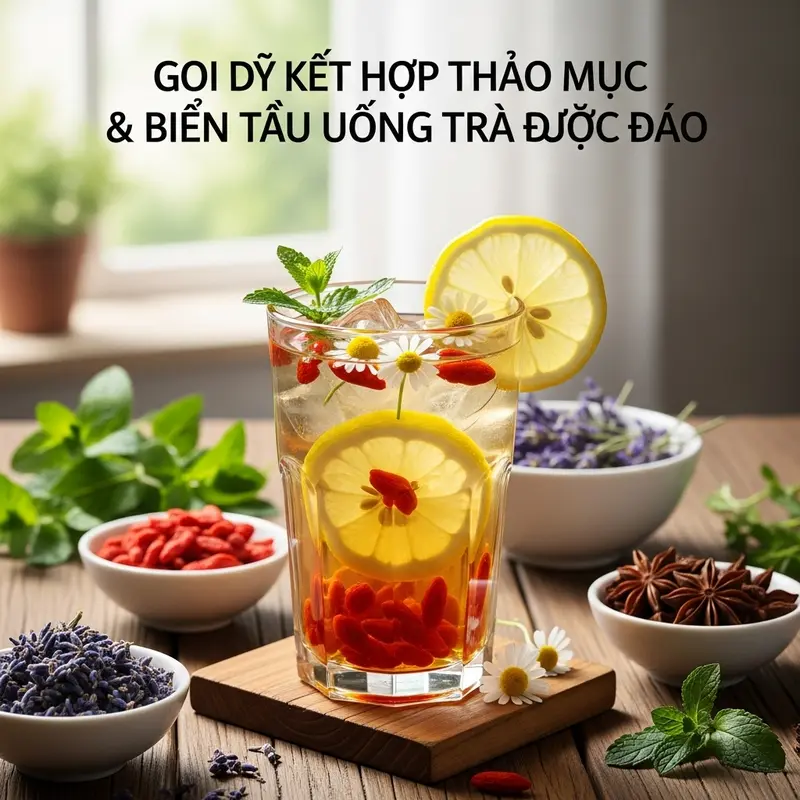 Nhiều loại thảo mộc khô và tươi được bày biện sẵn sàng cho việc pha trà.