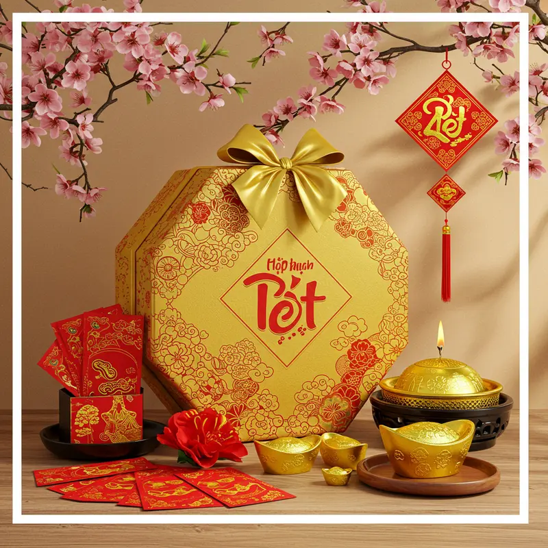 Hộp quà Tết cao cấp với họa tiết vàng và phụ kiện trang trí Tết, ảnh chụp thực tế.