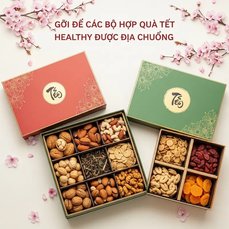 Hộp quà Tết healthy nổi bật giữa bàn tiệc sum vầy.