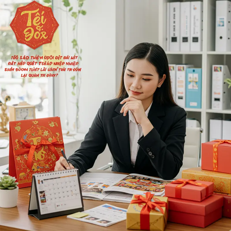 Nhà quản lý doanh nghiệp tìm hiểu hộp quà Tết và lên kế hoạch đặt hàng.