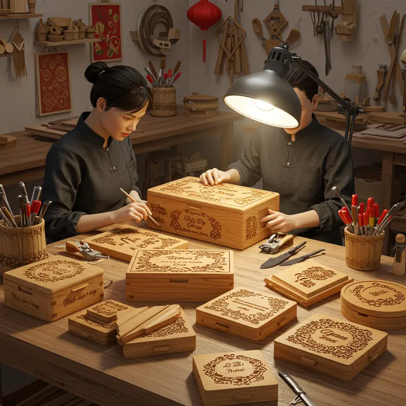 Hộp quà Tết bằng gỗ sang trọng, nổi bật trên bàn tiệc ngày Tết Việt.