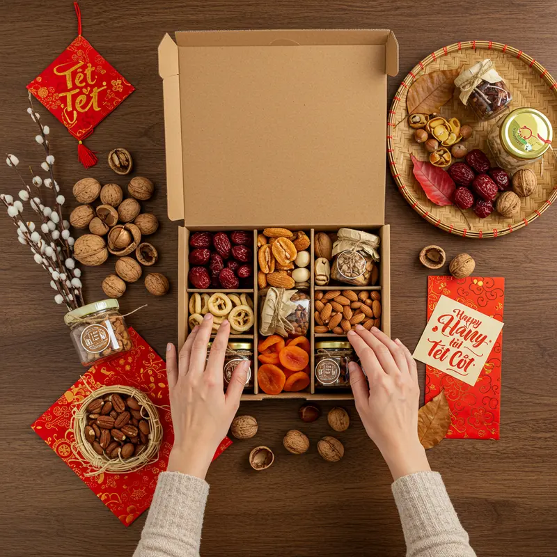 Không gian Tết ấm cúng với hộp quà hữu cơ tự làm chứa đầy trái cây, bánh kẹo và vật liệu tự nhiên.