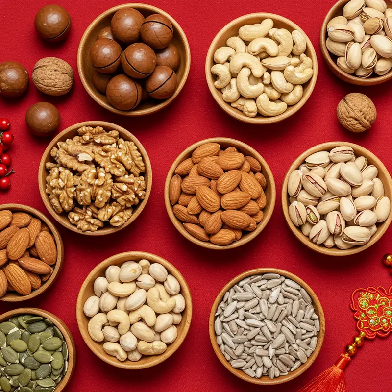 Hộp quà Tết hữu cơ với các loại hạt dinh dưỡng rực rỡ, tràn đầy ý nghĩa.