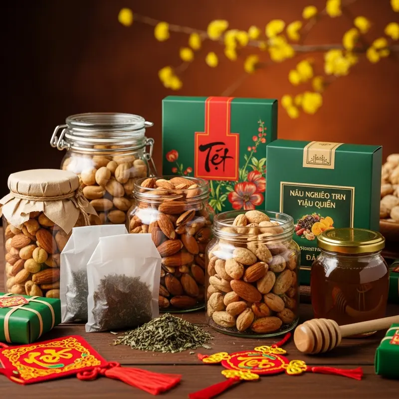 Đồng nghiệp trao quà Tết healthy trong không gian văn phòng ấm áp.