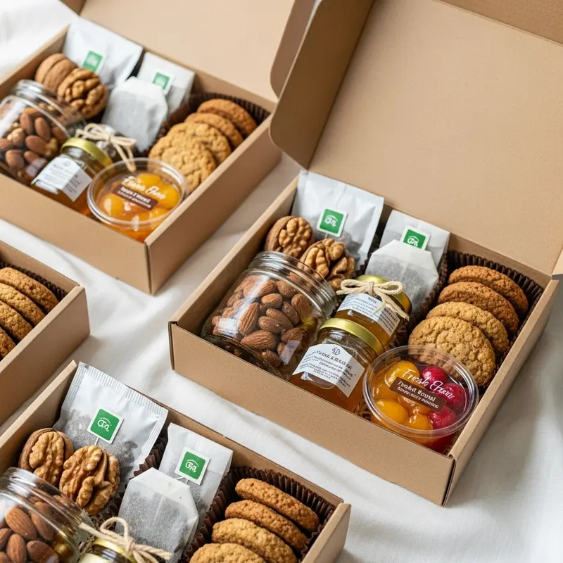 Bàn trưng bày các hộp quà Tết healthy với nhiều sản phẩm tự nhiên.