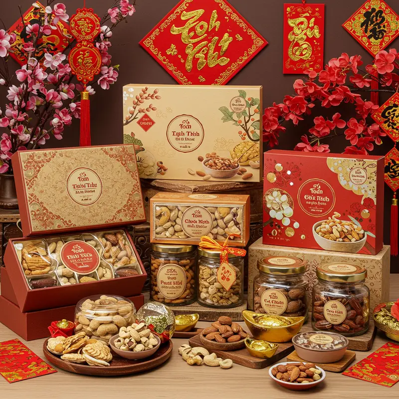 Bộ quà Tết hạt dinh dưỡng cao cấp với thiết kế sang trọng, hút mắt, chứa nhiều loại hạt bổ dưỡng.