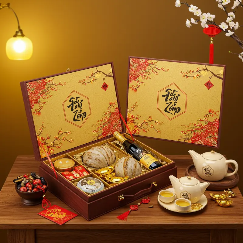 Bộ quà Tết sang trọng với rượu vang, yến sào và trà thượng hạng tôn vinh giá trị đối tác.