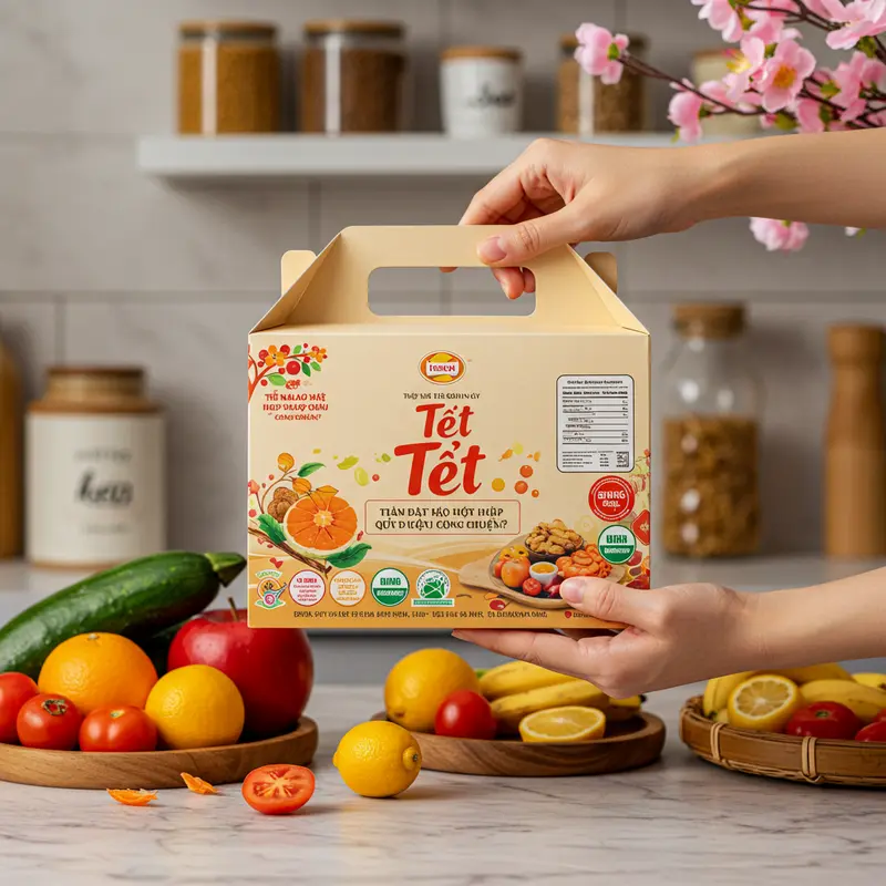 Hộp quà Tết hữu cơ cao cấp sắp xếp trên bàn gỗ, nổi bật với thực phẩm sạch và các loại trà hữu cơ.