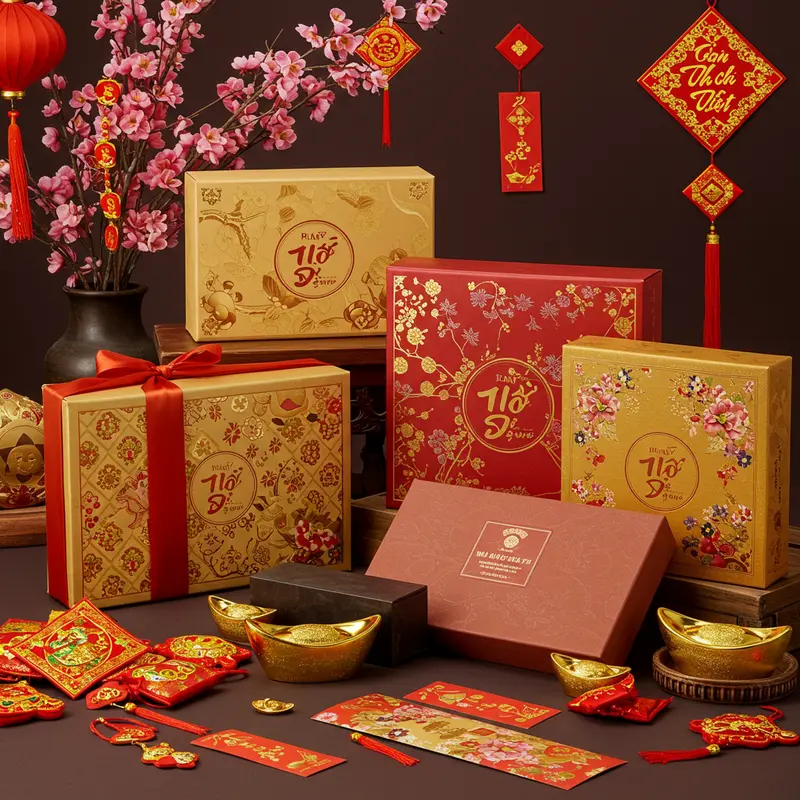 Các chất liệu hộp quà Tết tạo nên ấn tượng và truyền tải thông điệp sang trọng.