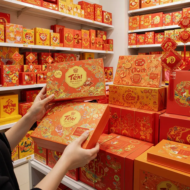 Hộp quà Tết được sắp xếp tinh tế, tượng trưng cho tấm lòng dịp năm mới.