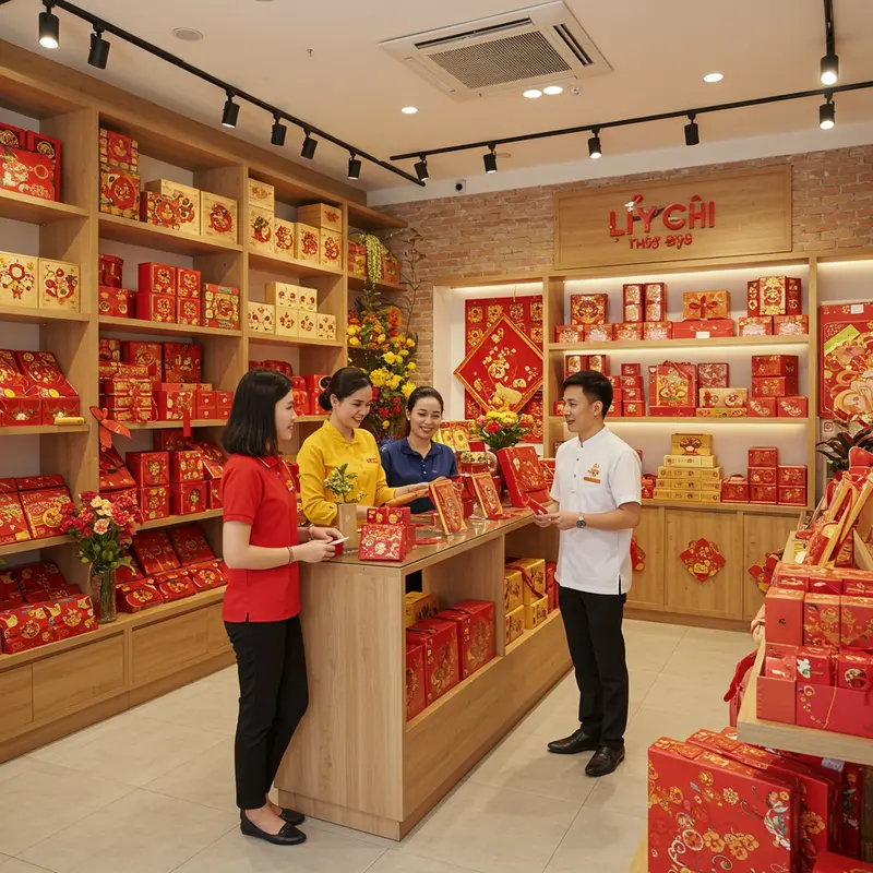 Hộp quà Tết bằng gỗ sang trọng, nổi bật trên bàn tiệc ngày Tết Việt.