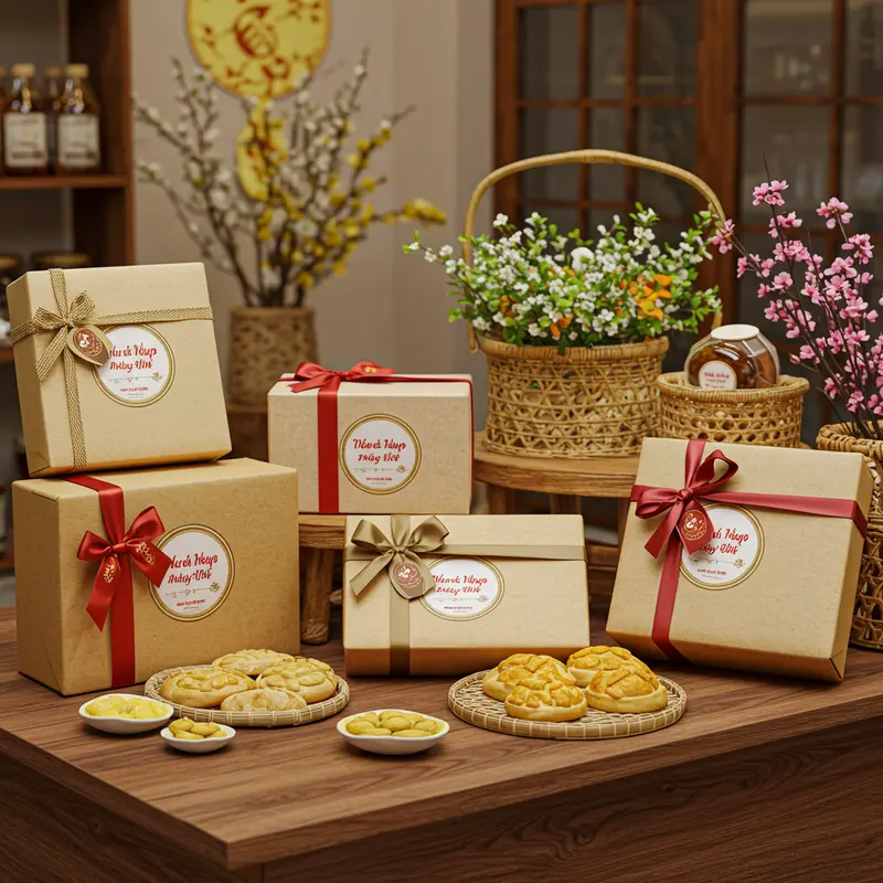 Hộp quà Tết hữu cơ sang trọng và gần gũi với thiên nhiên.