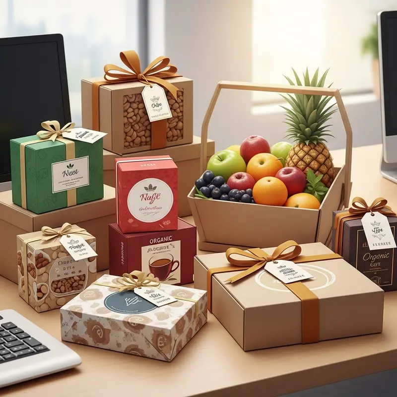 Đồng nghiệp trao quà Tết healthy trong không gian văn phòng ấm áp.