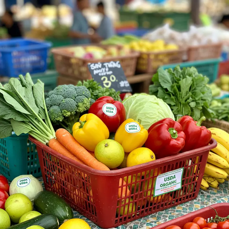 Một giỏ lớn đựng nhiều loại rau củ hữu cơ tươi ngon, kèm tem chứng nhận hữu cơ USDA, đặt trên bàn chợ.