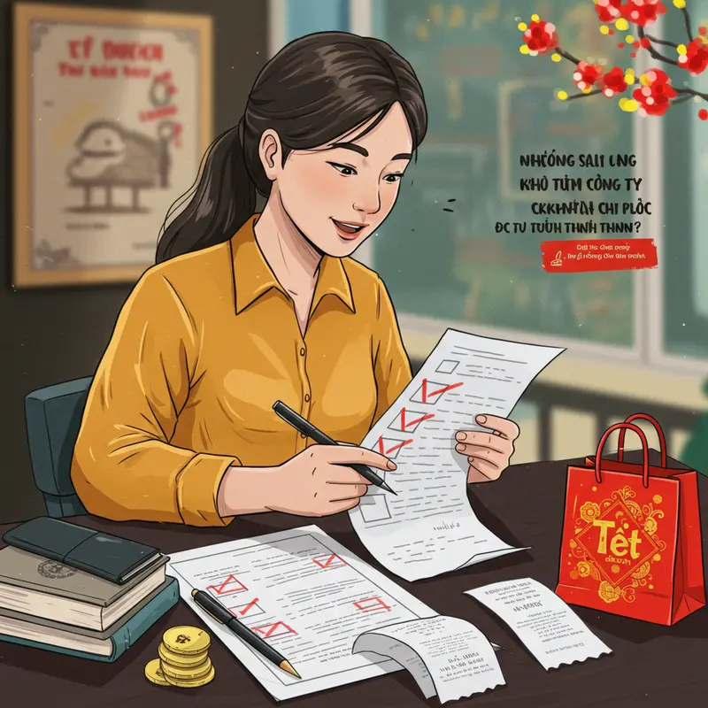 Doanh nghiệp trao quà Tết trong không gian làm việc với tài liệu thuế trên bàn.