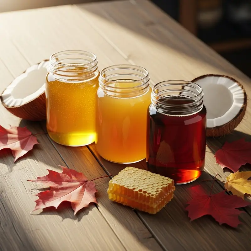 Ba lọ thể hiện mật ong, mật hoa dừa và siro cây phong nguyên chất.