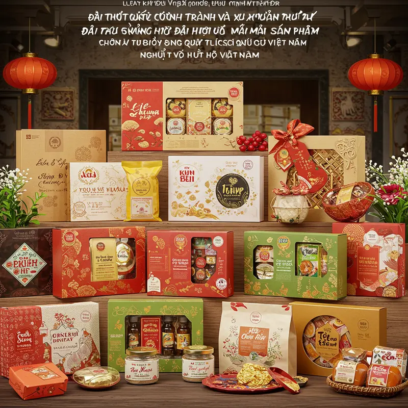 Hộp quà Tết hữu cơ sang trọng tại gian phòng khách hiện đại đậm sắc Xuân.