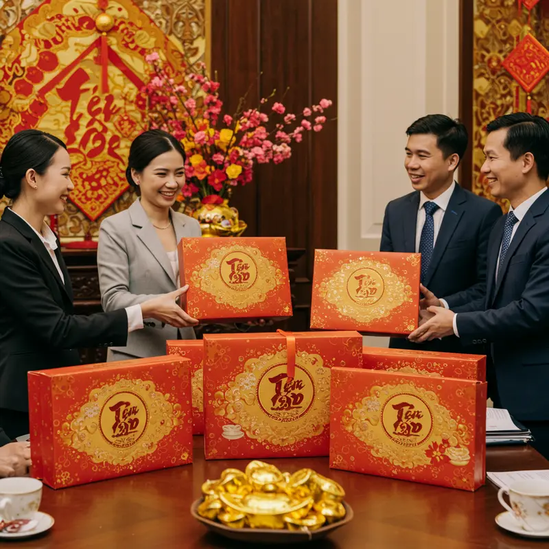 Hộp quà Tết sang trọng nổi bật với logo thương hiệu in nổi tinh tế.