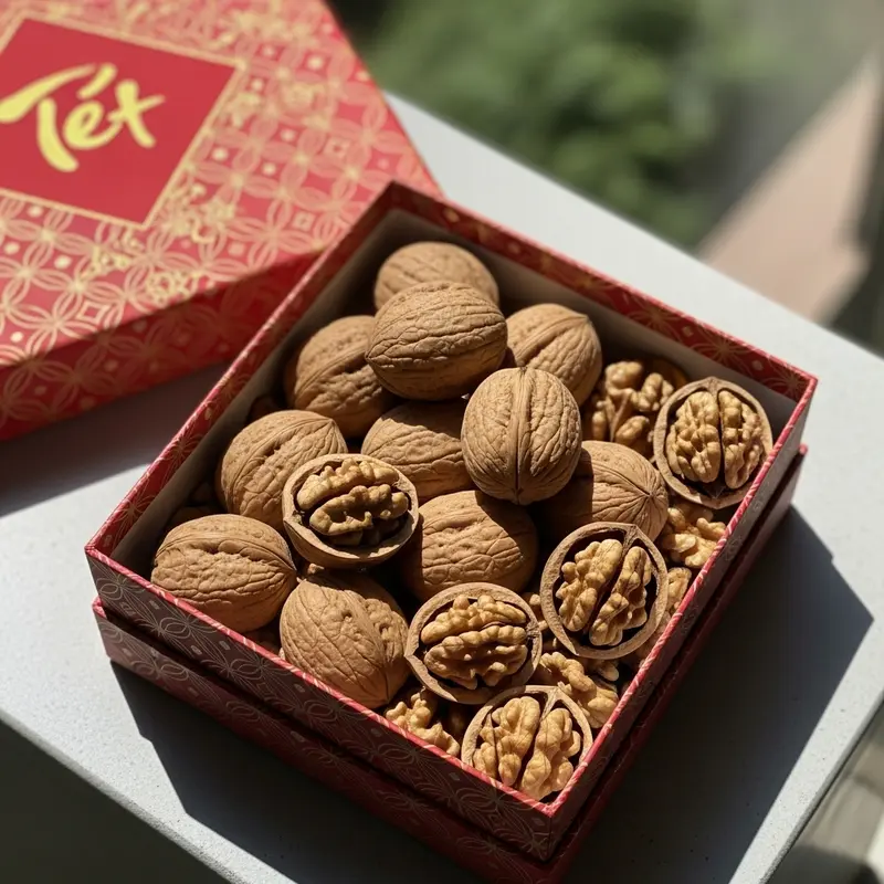 Hộp quà Tết hiện đại với hạt óc chó được trưng bày nổi bật trên nền trang trí truyền thống.