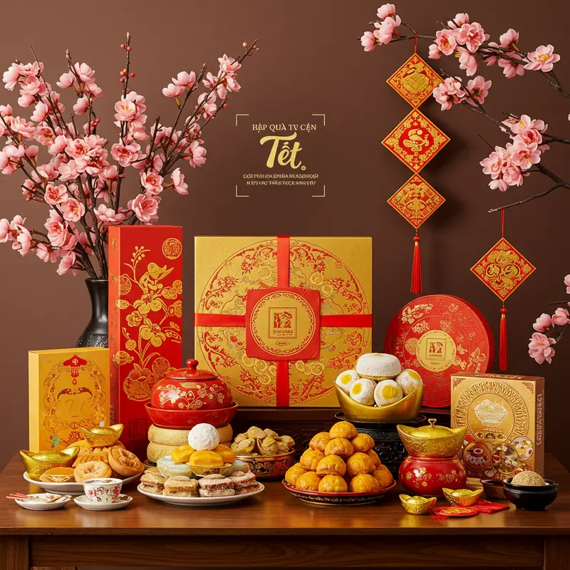 Hộp quà Tết cao cấp với sắc đỏ vàng và đặc sản Việt, trên nền bàn gỗ bóng với hoa Tết.