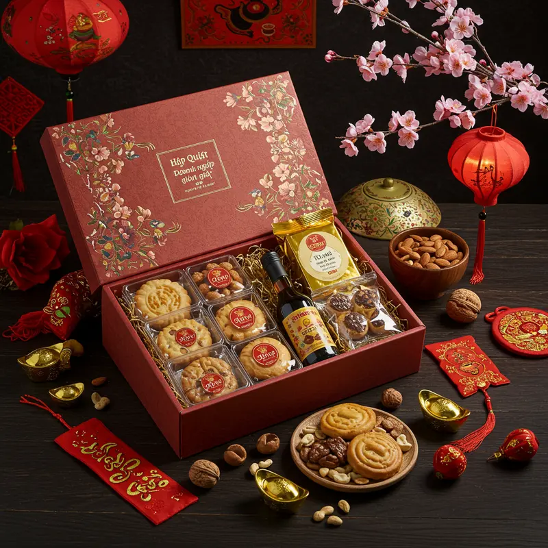 Ảnh hộp quà Tết với bánh kẹo, trà, hạt, rượu nhỏ trên bàn, quanh là hoa mai, hoa đào.