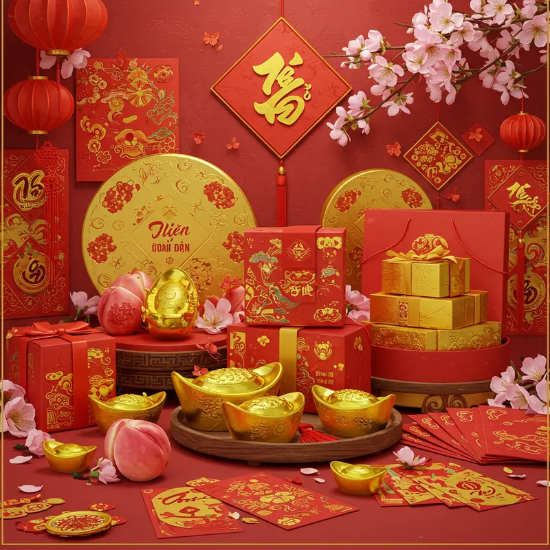 Hộp quà Tết sang trọng bên hoa đào và lì xì trong không khí tết Việt Nam.