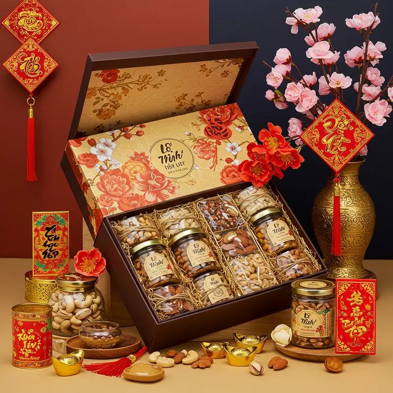 Hộp quà Tết sang trọng mở ra, khoe các loại hạt dinh dưỡng hữu cơ cao cấp, không khí Tết rực rỡ.