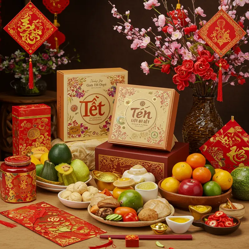 Hộp quà Tết hữu cơ cao cấp trên bàn, trang trí hoa xuân và thực phẩm tự nhiên.