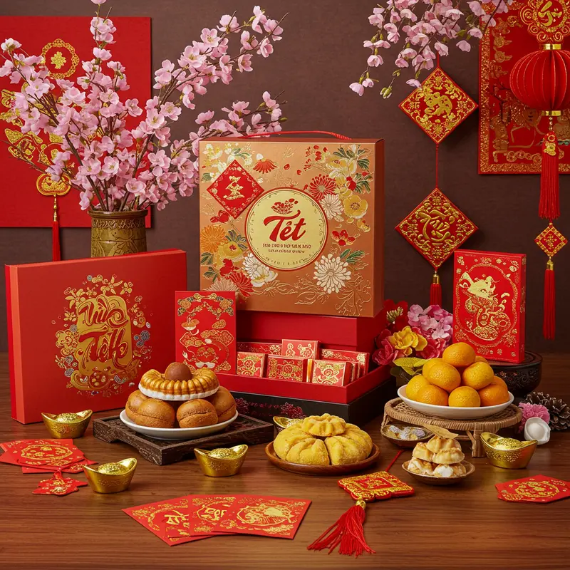 Hộp quà Tết cao cấp bày giữa hoa và bánh truyền thống, tượng trưng cho sự gắn kết ngày đầu xuân.