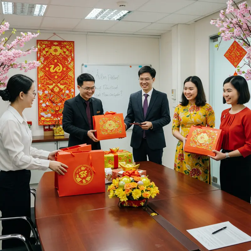 Nhân viên trao đổi và nhận quà Tết tại văn phòng Việt Nam với quang cảnh mùa xuân tươi sáng.