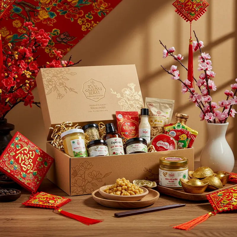 Hộp quà Tết hữu cơ với sản phẩm tươi ngon bên trong, trang trí Tết truyền thống nổi bật.