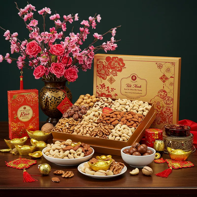 Một hộp quà Tết Việt Nam sang trọng chứa các loại hạt dinh dưỡng đa sắc, hoa xuân, đồ trang trí vàng đỏ trên bàn gỗ.