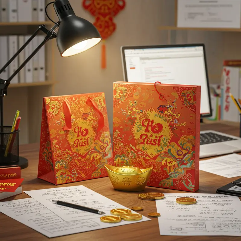 Hình ảnh hộp quà Tết và tài liệu kế toán thể hiện mối quan hệ giữa quà tặng và thuế.