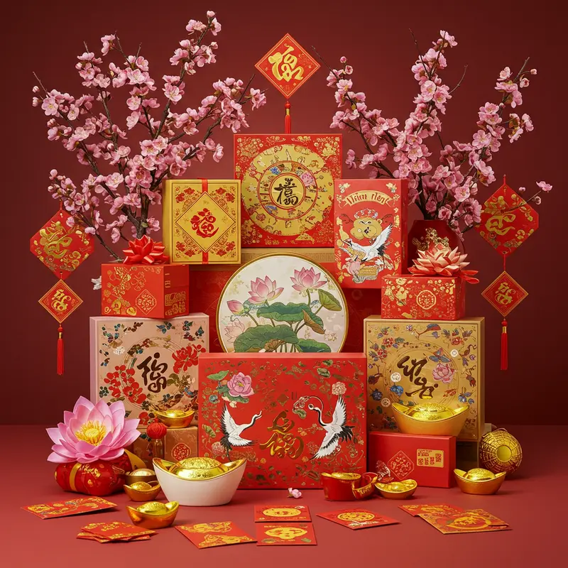 Hộp quà Tết với màu sắc rực rỡ, họa tiết truyền thống, hoa đào, hoa mai và phụ kiện ngày xuân.