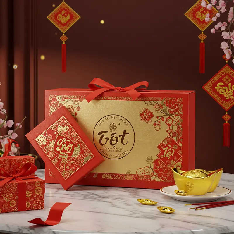 Cận cảnh hộp quà Tết doanh nghiệp in logo, thiết kế chuyên nghiệp, nằm trên bàn sang trọng với ánh sáng tinh tế.