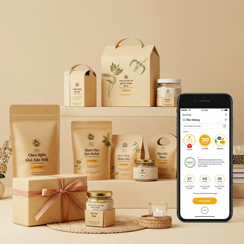 Hộp quà Tết hữu cơ được trưng bày trang trọng trong không gian sum vầy.