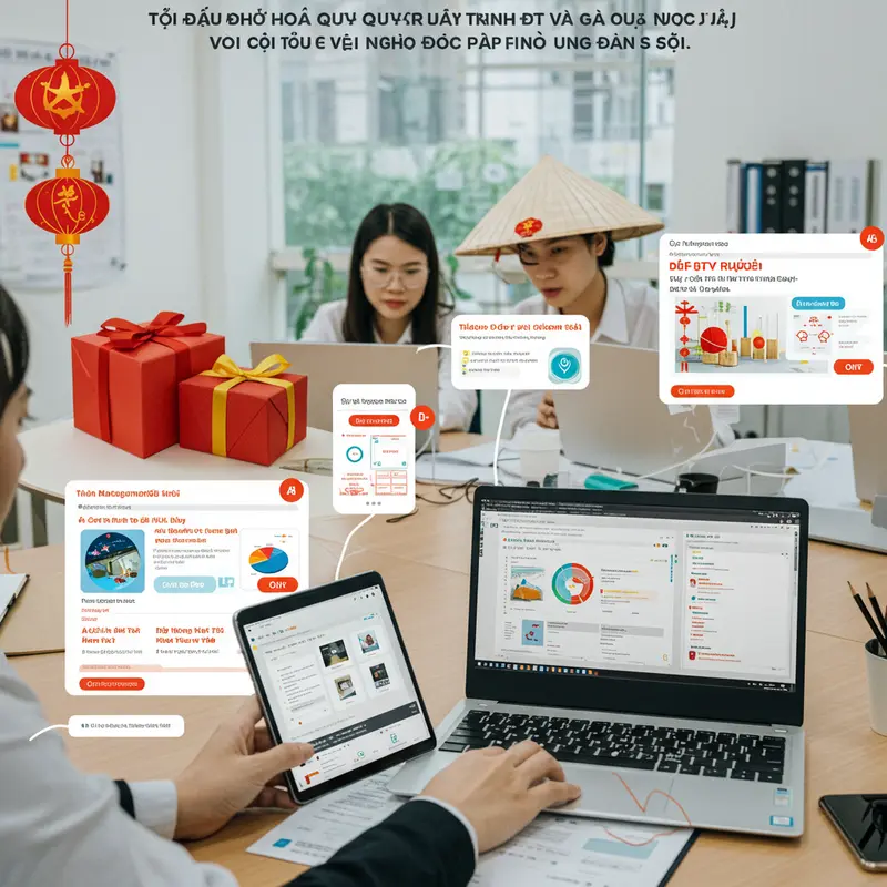 Không gian quà tặng Tết kết hợp hài hòa giữa truyền thống và công nghệ hiện đại.