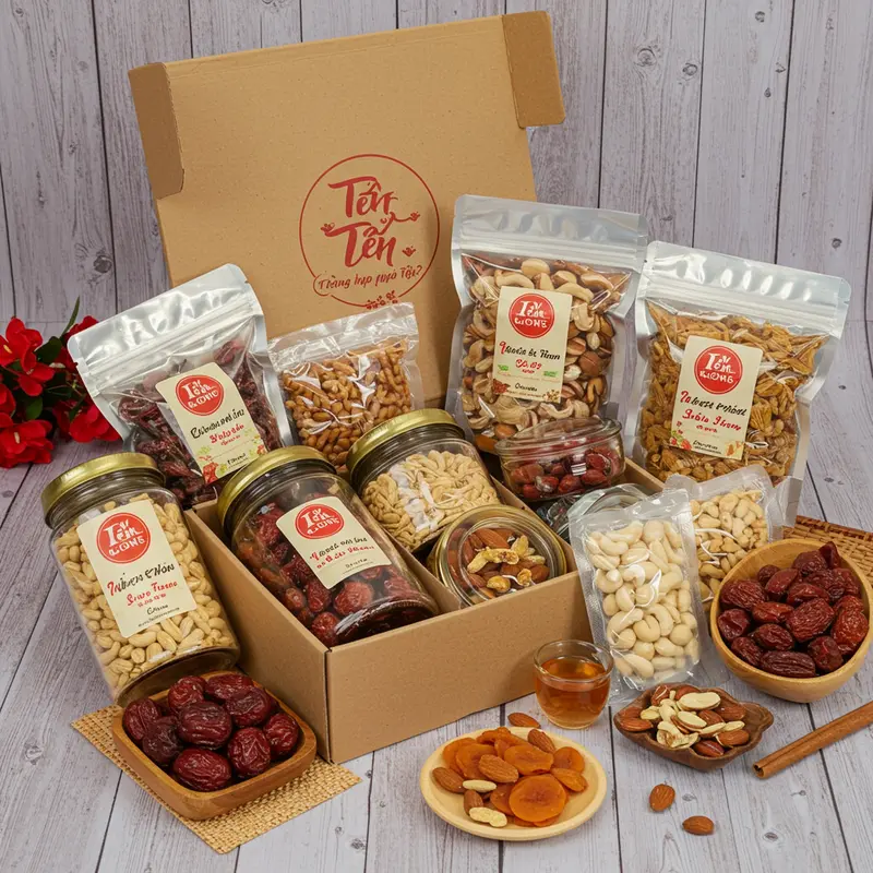 Sản phẩm hữu cơ hấp dẫn trong hộp quà Tết cao cấp, được sắp xếp tinh tế.