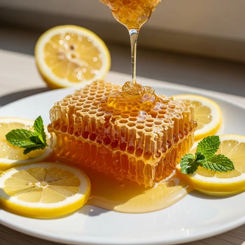 Lọ mật ong nguyên chất màu vàng óng đặt trên bàn gỗ cùng cành hoa dại và que khuấy mật.