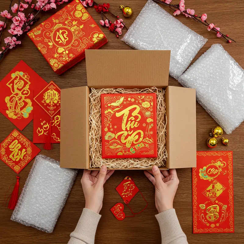 Hộp quà Tết được đóng gói kỹ lưỡng với vật liệu chống va đập và bàn tay chăm sóc.