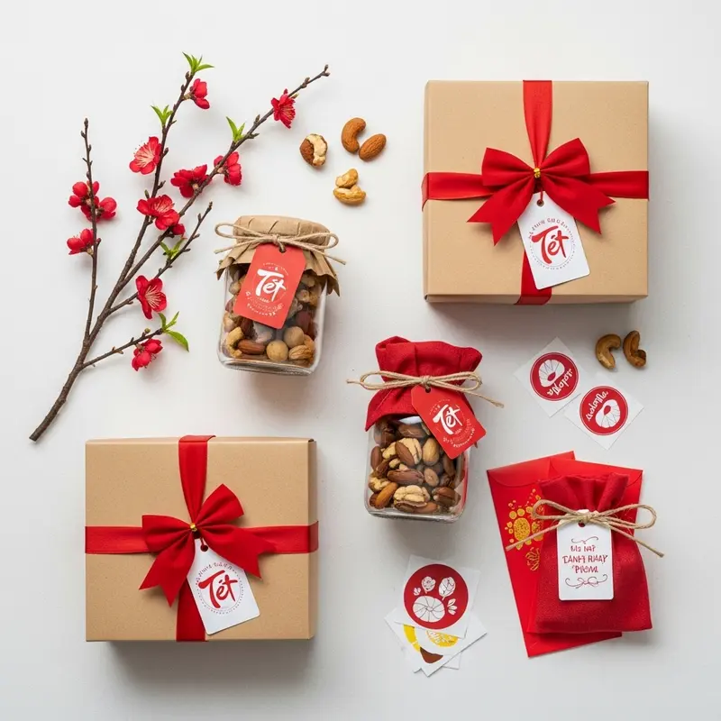 Đồng nghiệp trao quà Tết healthy trong không gian văn phòng ấm áp.