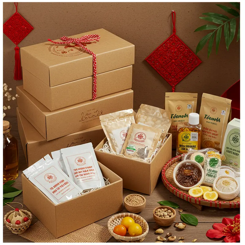 Sản phẩm hữu cơ hấp dẫn trong hộp quà Tết cao cấp, được sắp xếp tinh tế.