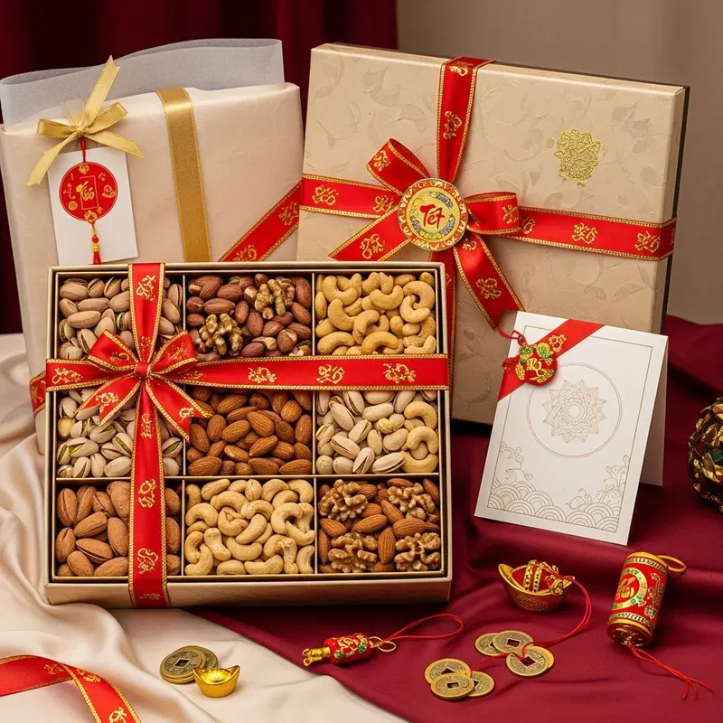 Giỏ quà Tết với các loại hạt dinh dưỡng cao cấp đặt cạnh những phụ kiện trang trí truyền thống.