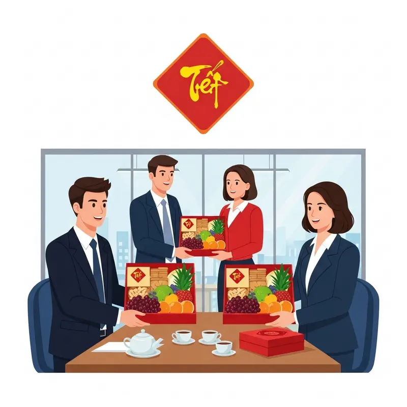 Đồng nghiệp trao quà Tết healthy trong không gian văn phòng ấm áp.